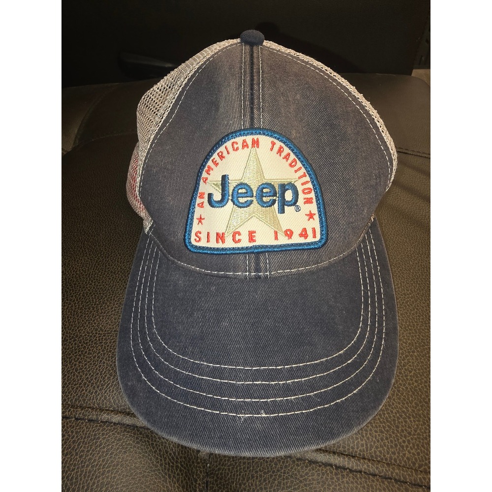 Jeep American Tradition Since 1941 Trucker Hat Navy Blue Distressed Snapback Cap